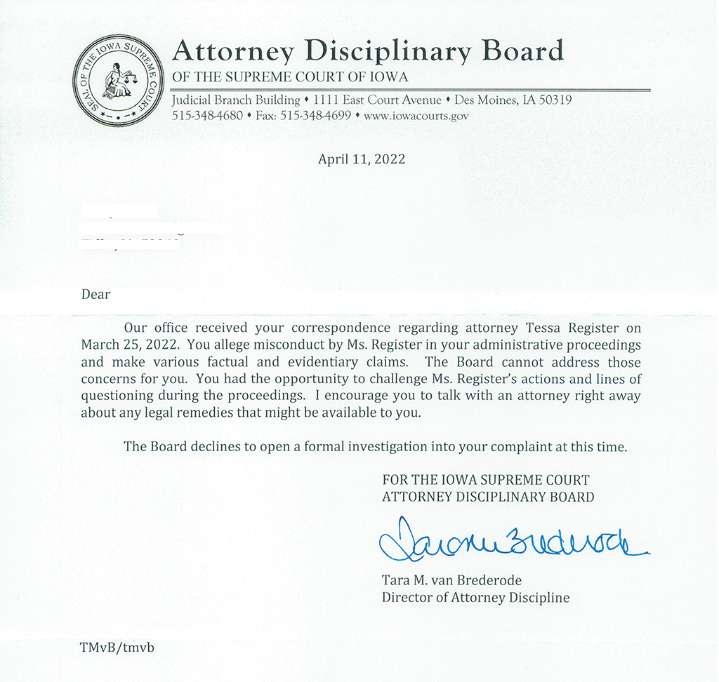 Letter from Attorney Disciplinary Board