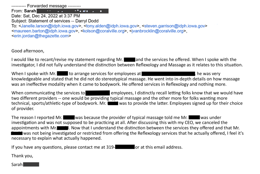 Email from the Complainant recanting her complaint.